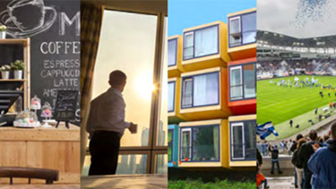 collage of aparmtent building, man in the office and coffee shop.